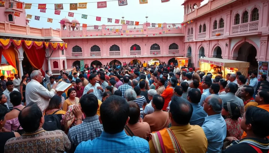 Colorful Jaipur Literature Festival with crowds, decorated venue and author speaking on stage