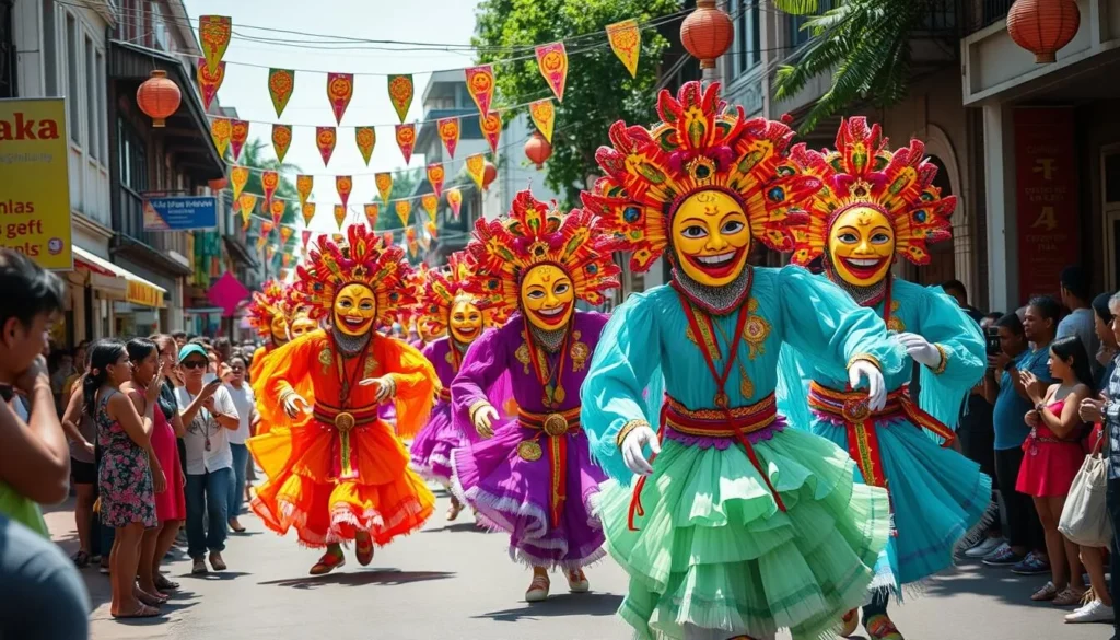 Colorful MassKara Festival dancers in vibrant costumes and smiling masks performing in Bacolod