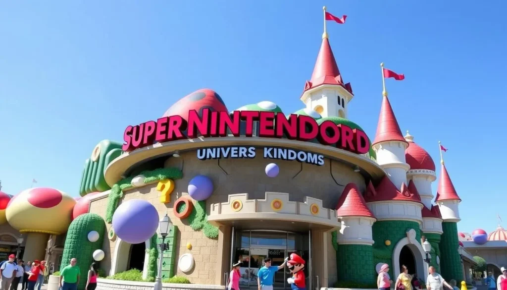 Colorful Super Nintendo World at Universal Studios Japan with Mario-themed attractions and characters