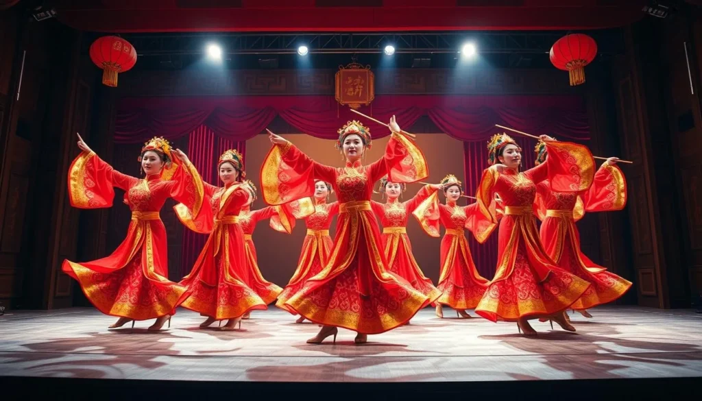 Colorful Tang Dynasty performance with dancers in traditional costumes