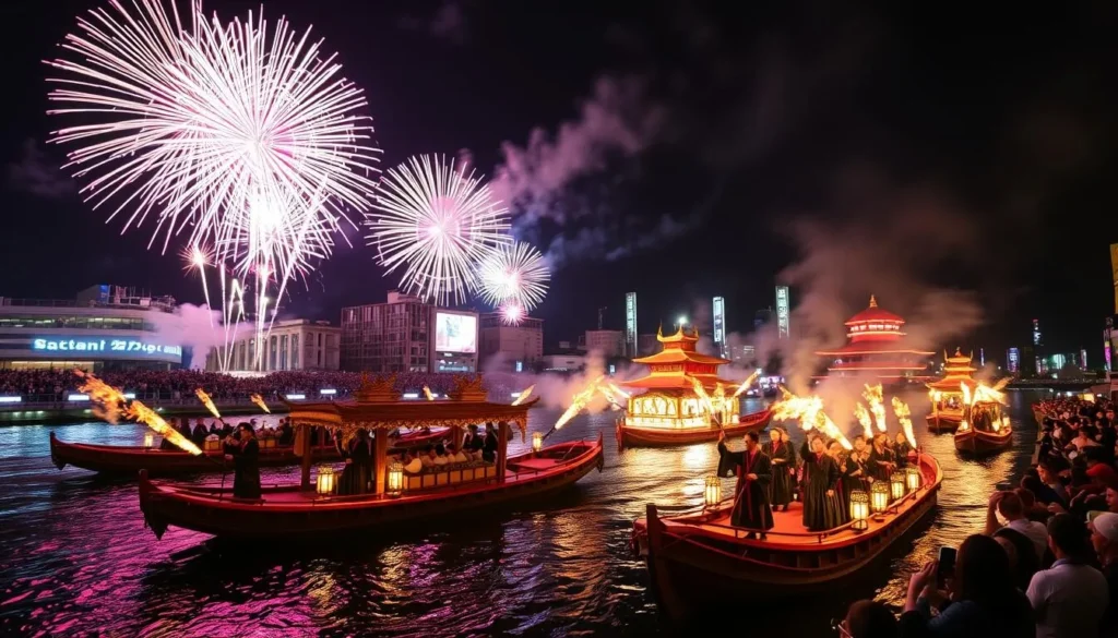 Colorful Tenjin Matsuri festival with traditional boats on the river and fireworks in the night sky