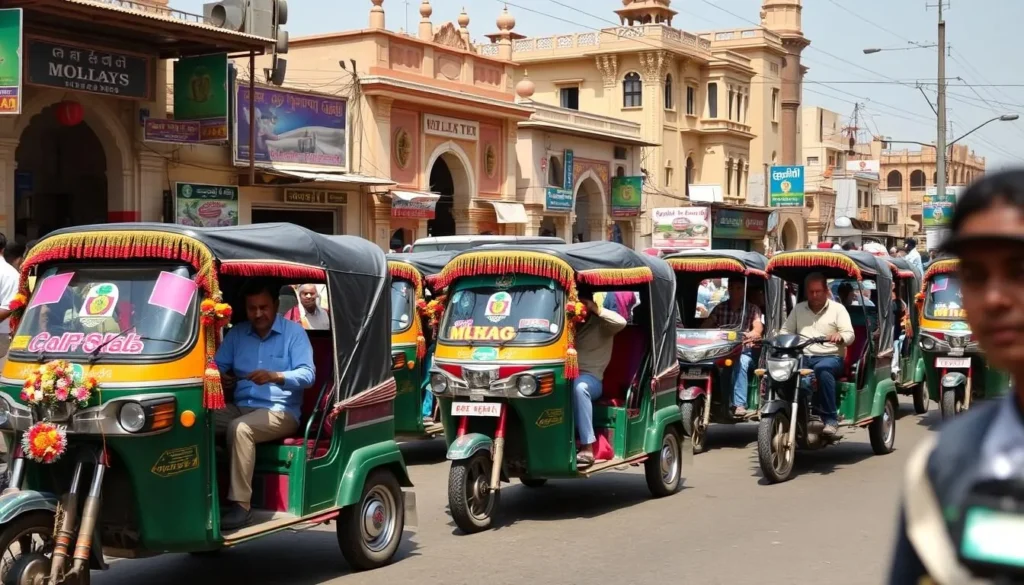 Colorful auto-rickshaws and traditional transport options in Multan's streets Colorful auto-rickshaws and traditional transport options in Multan's streets