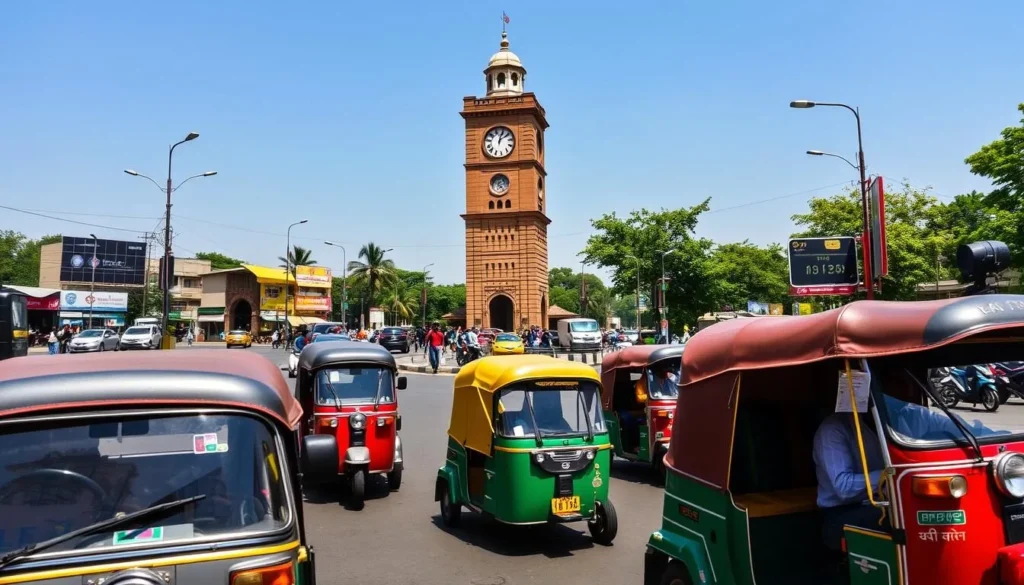 Colorful auto-rickshaws and traffic around the Clock Tower in Faisalabad city center