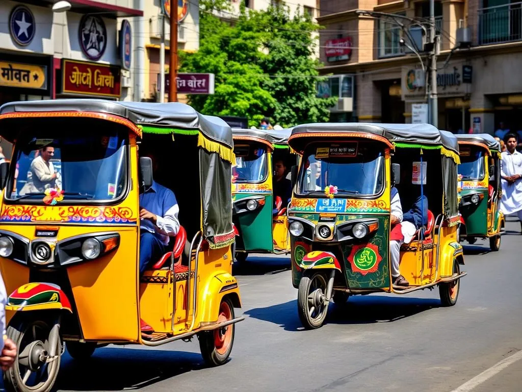 Colorful auto-rickshaws on a busy street in Gujranwala