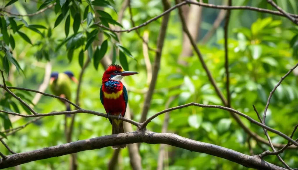Colorful birds perched on branches in Baroiyadhala National Park
