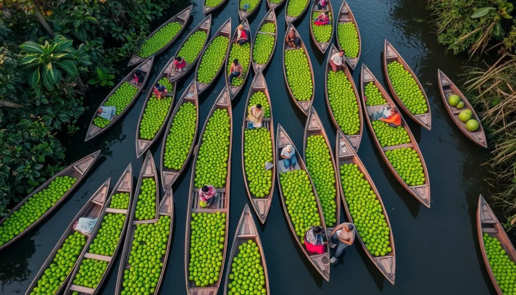 Colorful boats filled with fresh guavas at the floating market in Bhimruli