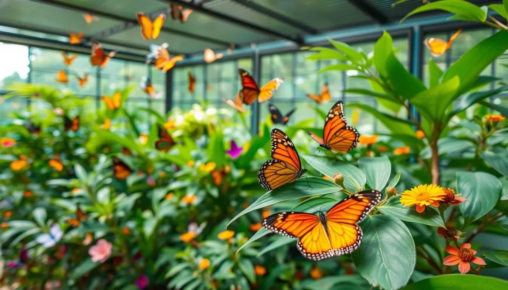 Colorful butterflies at Butterfly Park Bangladesh with lush tropical plants
