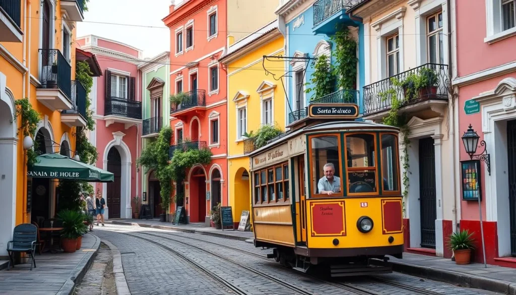 Colorful colonial buildings and cobblestone streets in Santa Teresa neighborhood with the historic yellow tram