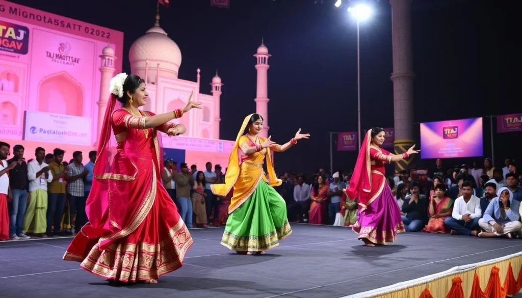 Colorful cultural performances during Taj Mahotsav festival in Agra with traditional dancers in vibrant costumes Colorful cultural performances during Taj Mahotsav festival in Agra with traditional dancers in vibrant costumes