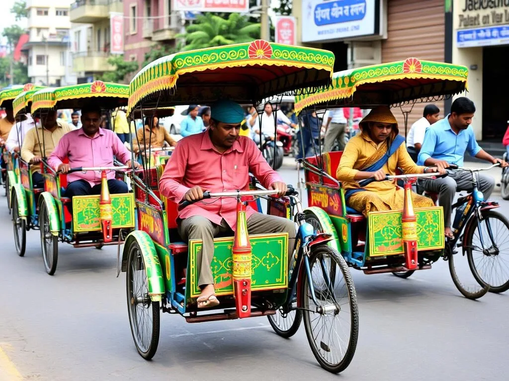 Colorful cycle rickshaws on a street in Jamalpur town center