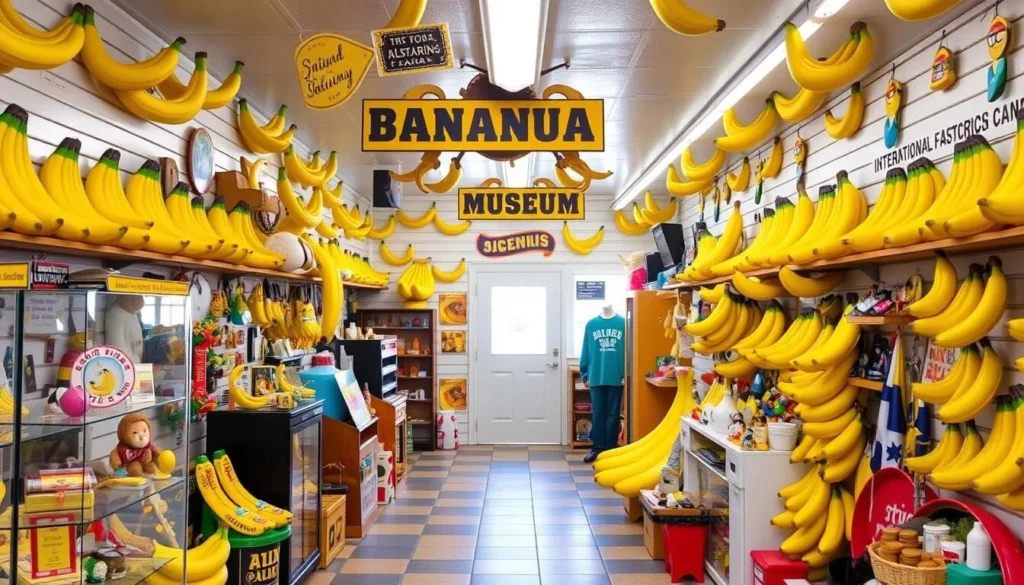 Colorful display at the International Banana Museum showing banana collectibles Colorful display at the International Banana Museum showing banana collectibles