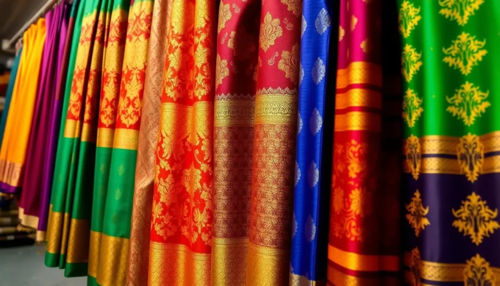 Colorful display of Mysore silk sarees with intricate gold zari work at a traditional silk factory