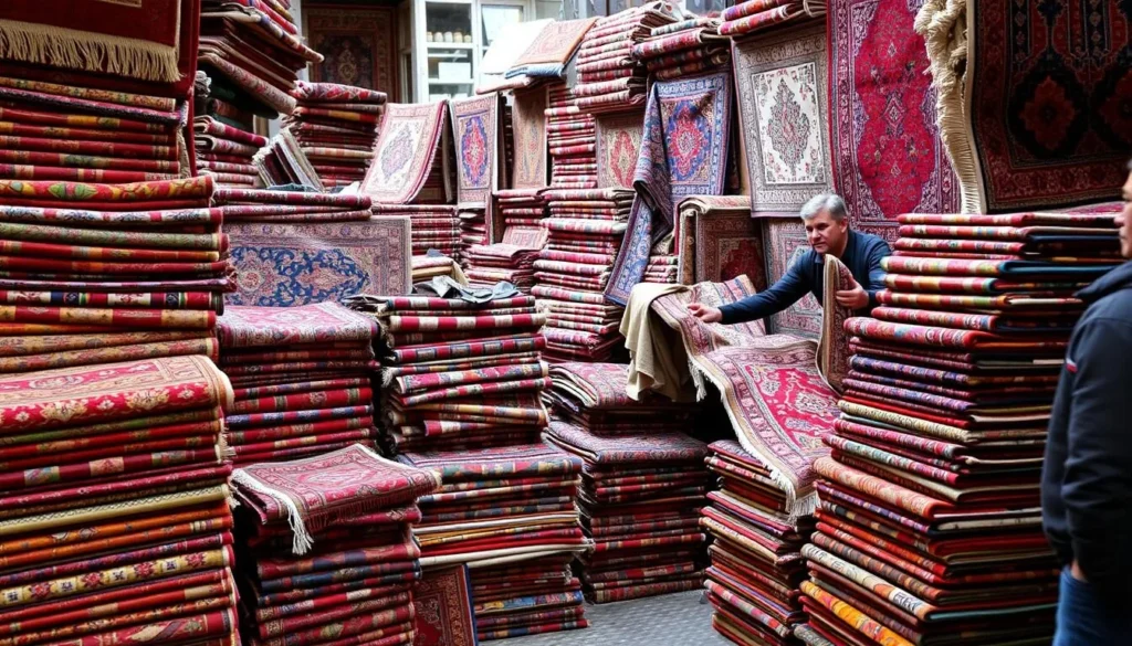 Colorful display of Persian carpets in Tehran Grand Bazaar, shopping things to do in Tehran Iran Colorful display of Persian carpets in Tehran Grand Bazaar, shopping things to do in Tehran Iran