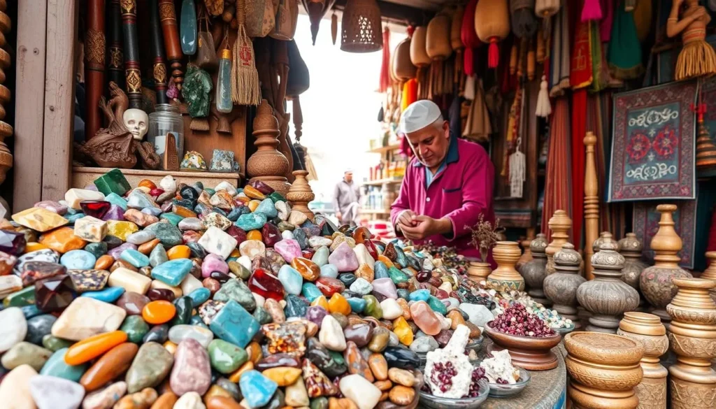 Colorful display of gemstones and handicrafts at a shop in Skardu Bazaar