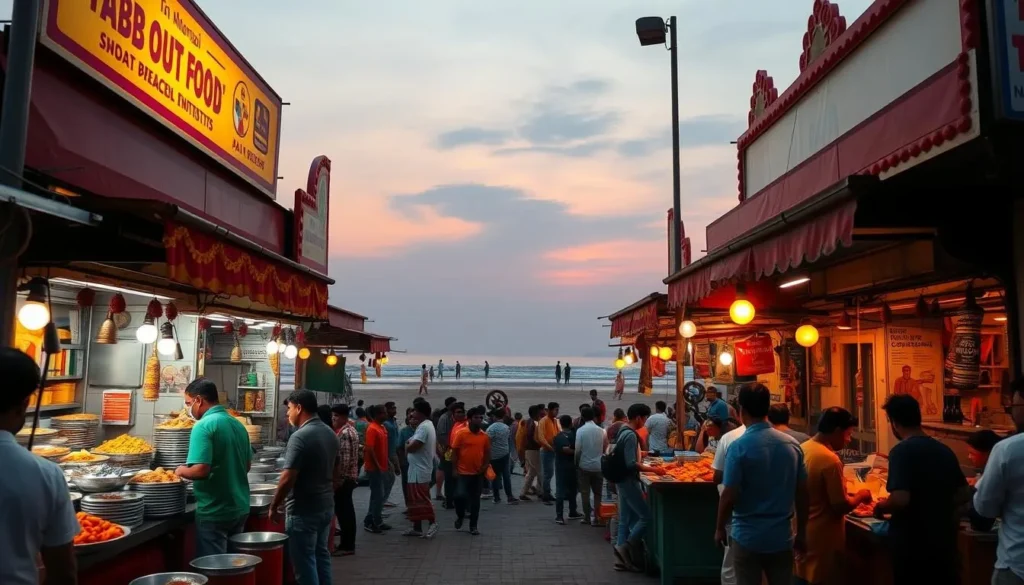 Colorful display of street food at Chowpatty Beach with vendors and customers during sunset