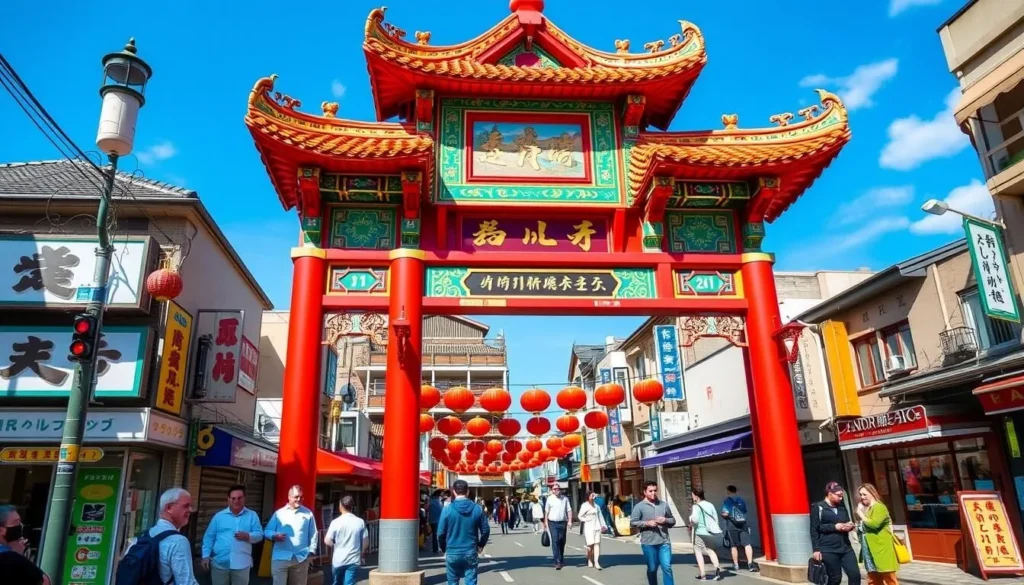 Colorful entrance gate to Nagasaki's Chinatown with traditional Chinese architecture and lanterns