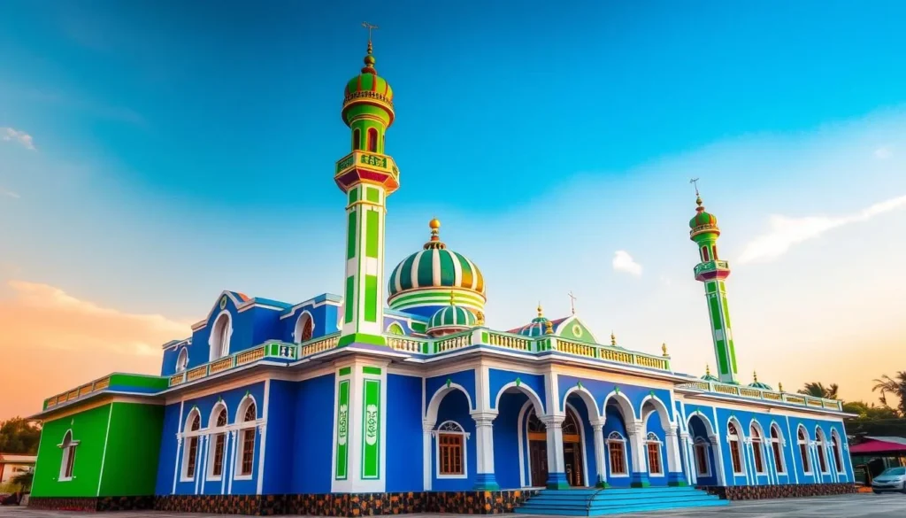 Colorful exterior of Chandanpura Mosque with its distinctive architecture