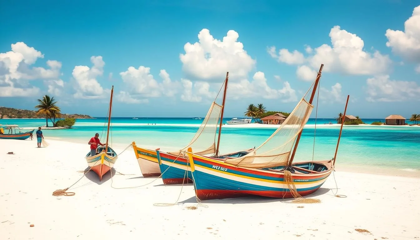 Colorful fishing boats in Island Harbour, Anguilla with fishermen preparing for the day