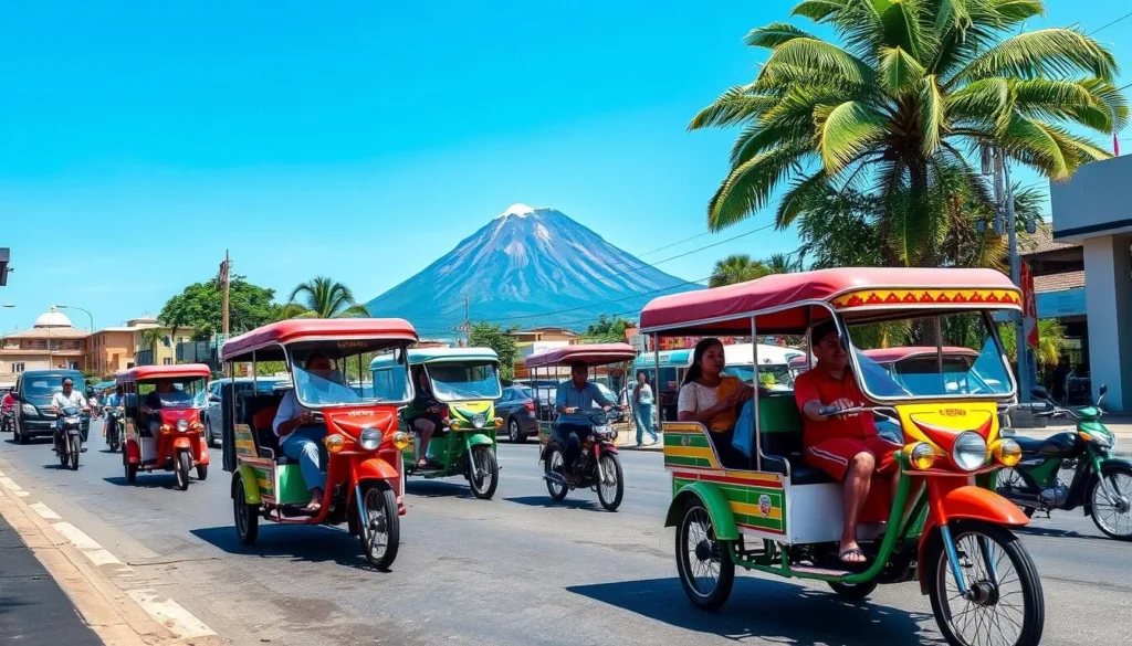 Colorful jeepneys and tricycles on a busy street in Legazpi City, Bicol, Philippines with Mayon Volcano visible in the background Colorful jeepneys and tricycles on a busy street in Legazpi City, Bicol, Philippines with Mayon Volcano visible in the background
