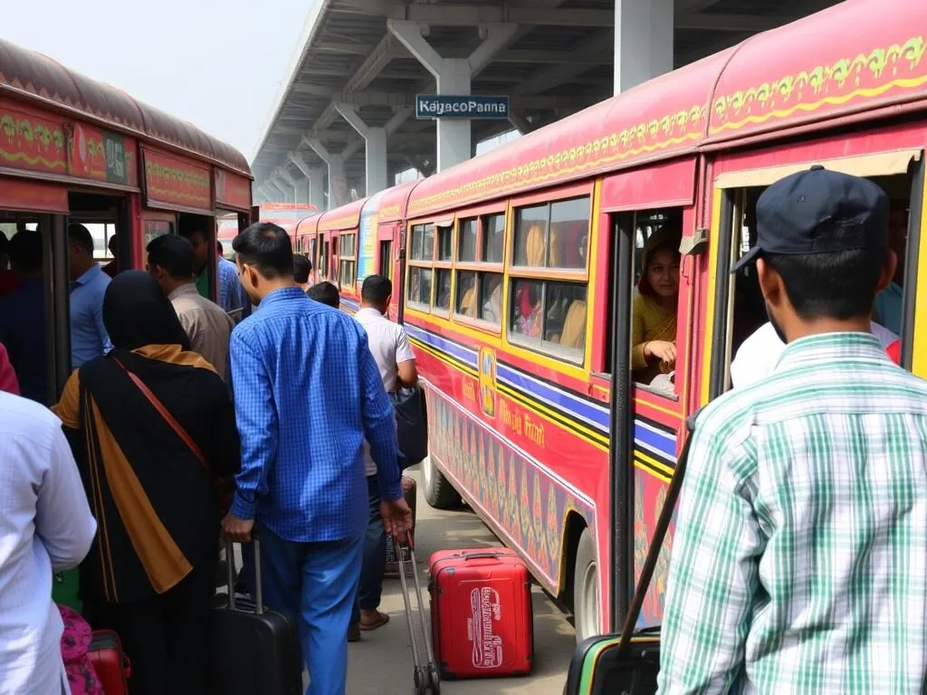 Colorful local buses at Jamalpur bus station with passengers boarding