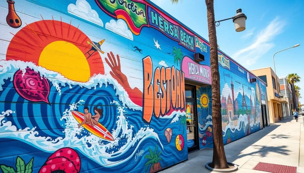 Colorful mural in Hermosa Beach depicting beach culture and local history