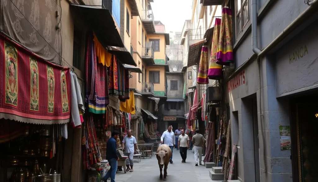 Colorful narrow alleyway in Varanasi's old city with traditional shops, hanging textiles, and local residents