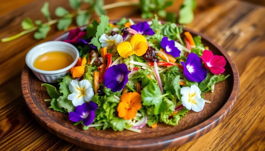 Colorful organic salad with edible flowers at Bohol Bee Farm Restaurant
