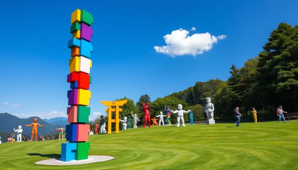 Colorful outdoor sculptures at the Hakone Open-Air Museum with mountains in the background