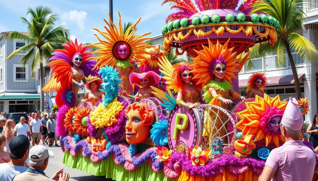 Colorful parade float during Fantasy Fest celebration in Key West, Florida Colorful parade float during Fantasy Fest celebration in Key West, Florida