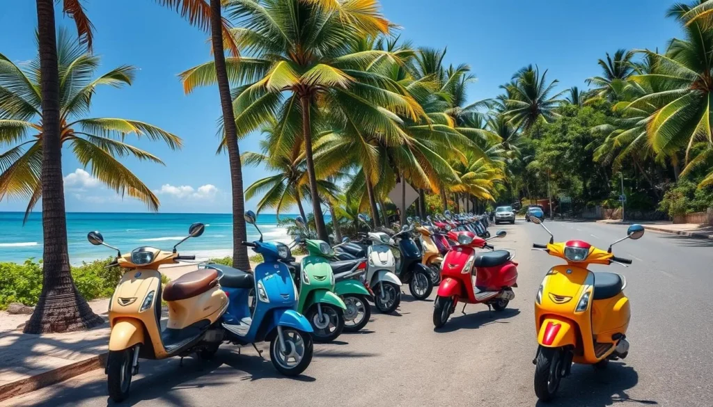 Colorful rental scooters parked along a beach road in Siquijor with palm trees and ocean view