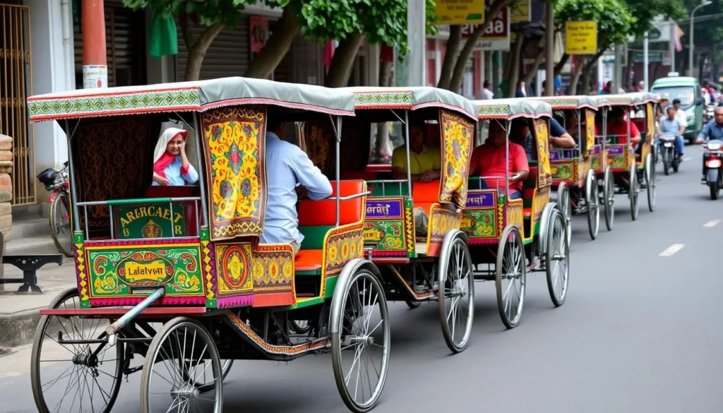Colorful rickshaws on a busy street in Chattogram, a popular mode of transportation