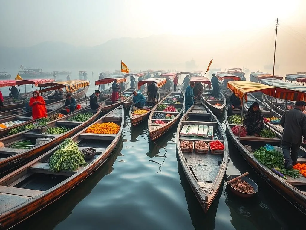 Colorful shikaras on Dal Lake with floating market and mountains in background Colorful shikaras on Dal Lake with floating market and mountains in background