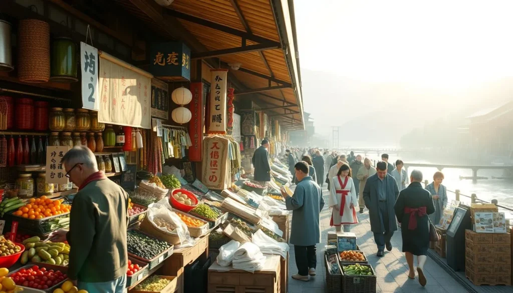 Colorful stalls at Miyagawa Morning Market in Takayama selling local produce and crafts, a must-visit attraction in Takayama Japan