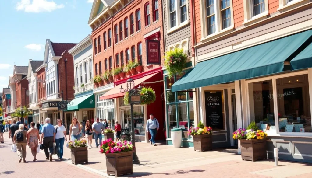 Colorful storefronts along Butler Street in downtown Saugatuck with shoppers browsing Colorful storefronts along Butler Street in downtown Saugatuck with shoppers browsing