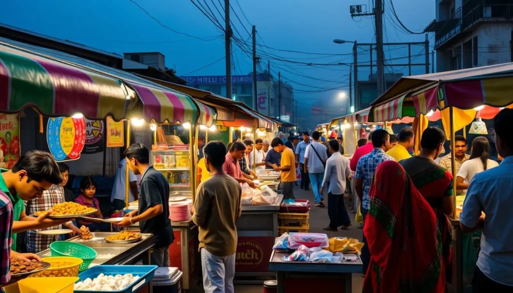 Colorful street food stalls in Chattogram selling fuchka, jhalmuri, and other local snacks