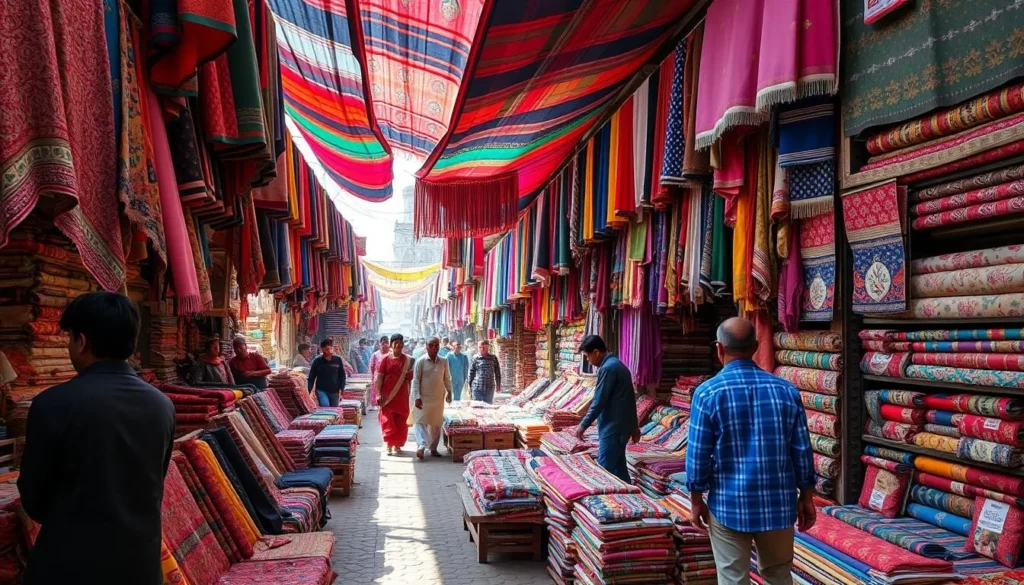 Colorful textile displays at Faisalabad's famous Cloth Market with vendors and shoppers