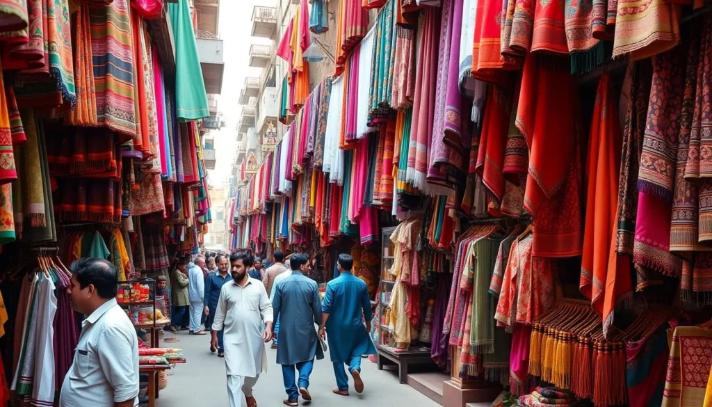 Colorful textiles and goods displayed at Anarkali Bazaar in Lahore