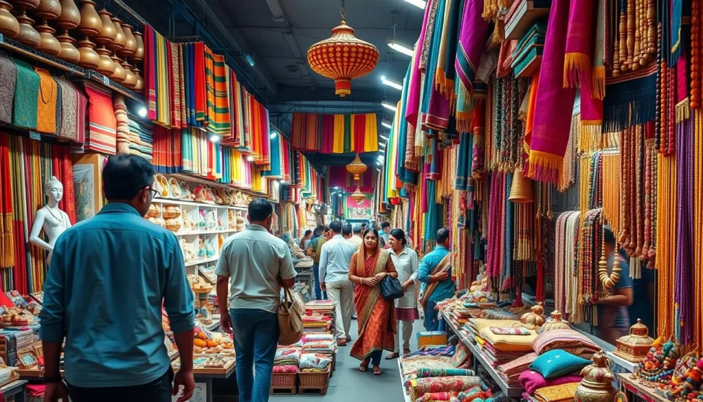 Colorful textiles, handicrafts and jewelry displayed at Dilli Haat market Colorful textiles, handicrafts and jewelry displayed at Dilli Haat market