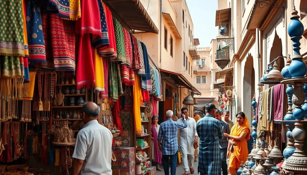 Colorful textiles, jewelry and handicrafts displayed in a traditional Jaipur bazaar with shopkeepers and customers
