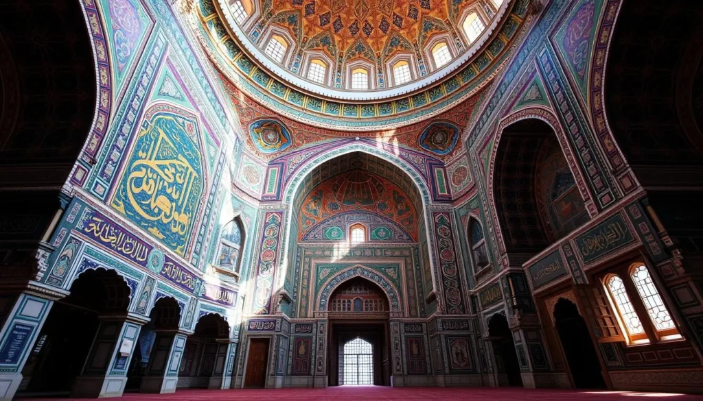 Colorful tile work and frescoes inside Wazir Khan Mosque in Lahore