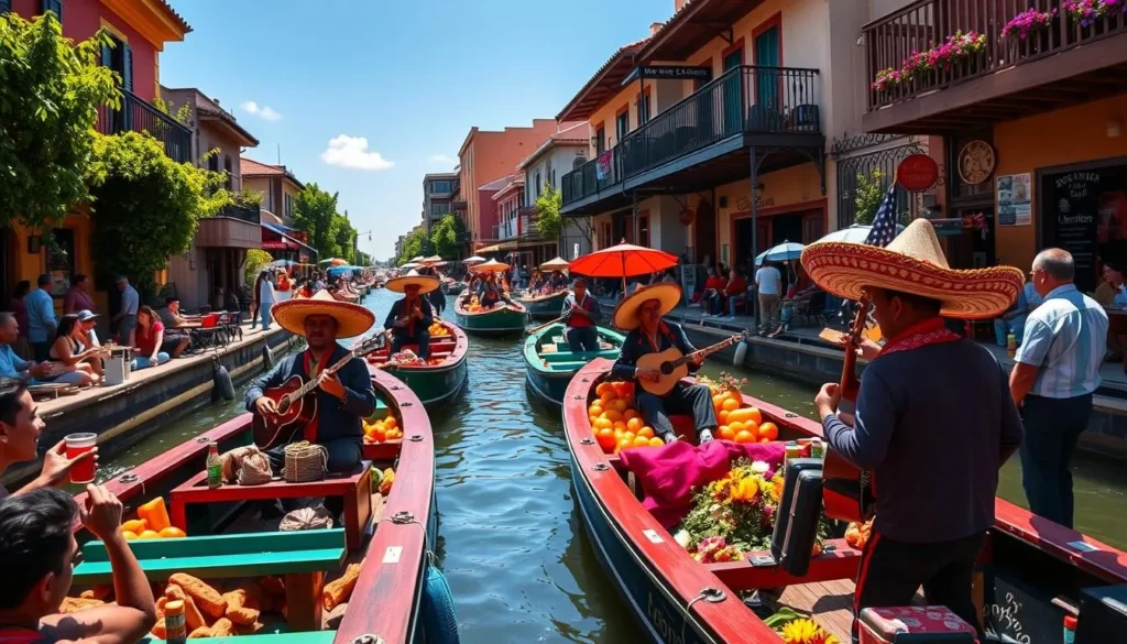 Colorful trajinera boats in the canals of Xochimilco with mariachi musicians and tourists enjoying the ride