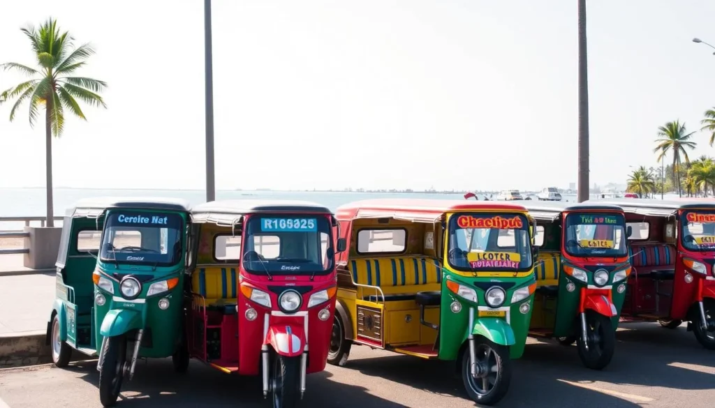 Colorful tricycles lined up along Rizal Boulevard in Dumaguete