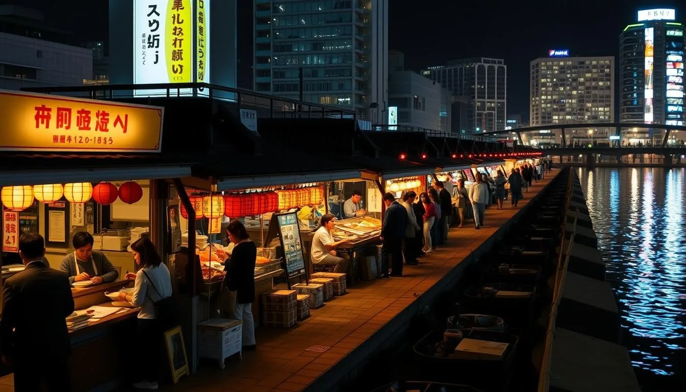 Colorful yatai food stalls along Nakasu riverfront in Fukuoka City, Japan at night with glowing lanterns and customers enjoying local cuisine
