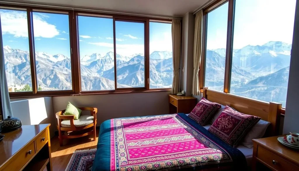 Comfortable hotel room with traditional Balti decor and mountain views through the window