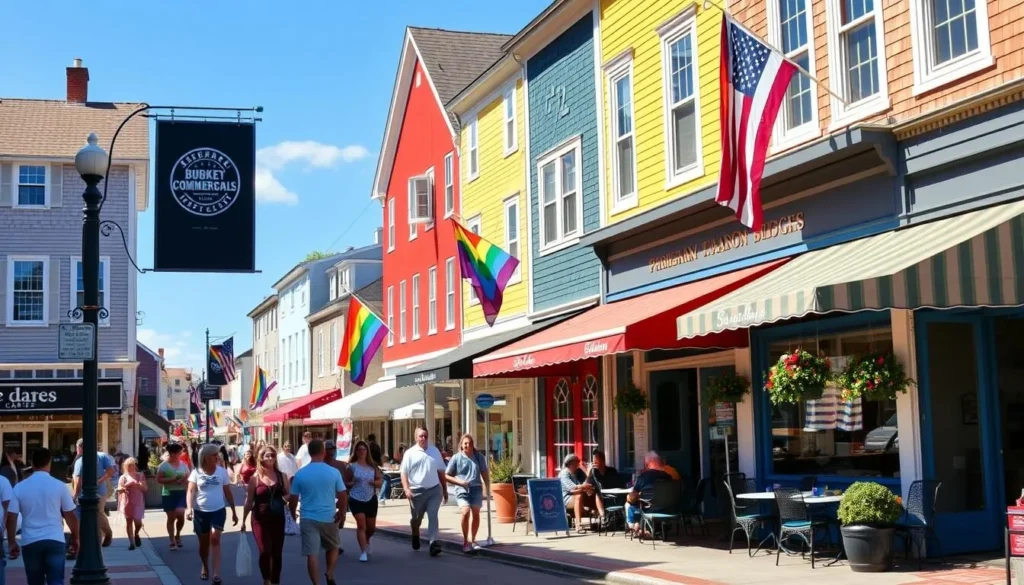 Commercial Street in Provincetown with colorful shops, galleries and bustling pedestrian activity, a must-visit Cape Cod, Massachusetts things to do destination Commercial Street in Provincetown with colorful shops, galleries and bustling pedestrian activity, a must-visit Cape Cod, Massachusetts things to do destination