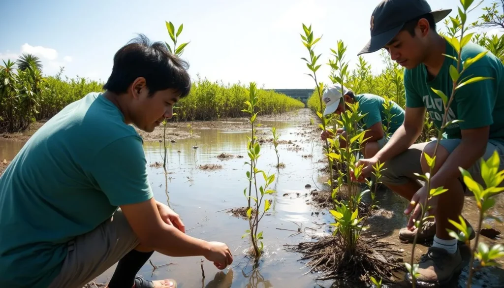 Conservation efforts at Olango Island Wildlife Sanctuary, Philippines with volunteers planting mangroves