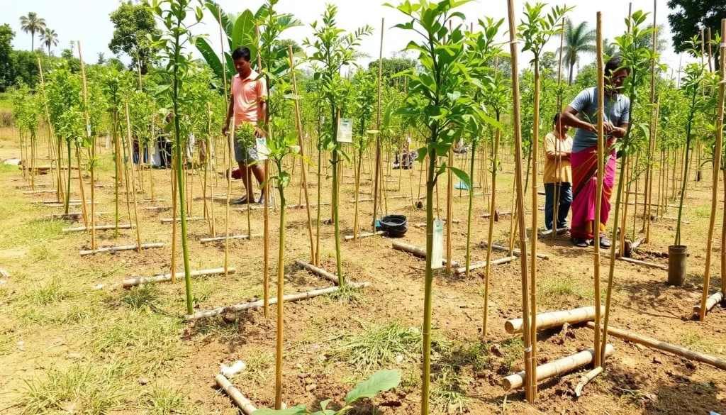 Conservation efforts with newly planted indigenous tree saplings at Altadighi National Park in Bangladesh Conservation efforts with newly planted indigenous tree saplings at Altadighi National Park in Bangladesh
