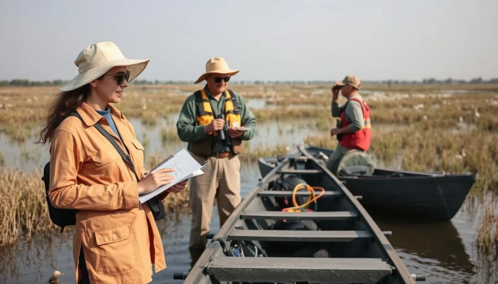 Conservation workers monitoring bird populations at Baikka Beel wetland sanctuary