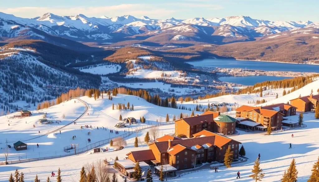 Copper Mountain Resort, nestled amidst the majestic Rocky Mountains of Colorado. A panoramic vista of snow-capped peaks and alpine meadows, bathed in warm, golden sunlight. The resort's iconic copper-colored buildings stand in harmonious contrast, their roofs glistening. In the foreground, skiers and snowboarders carve graceful arcs down the pristine slopes, while the background is filled with the towering pines and serene, crystalline lakes. A lens with a wide angle captures the grand scale of this winter wonderland, conveying a sense of tranquility and adventure.