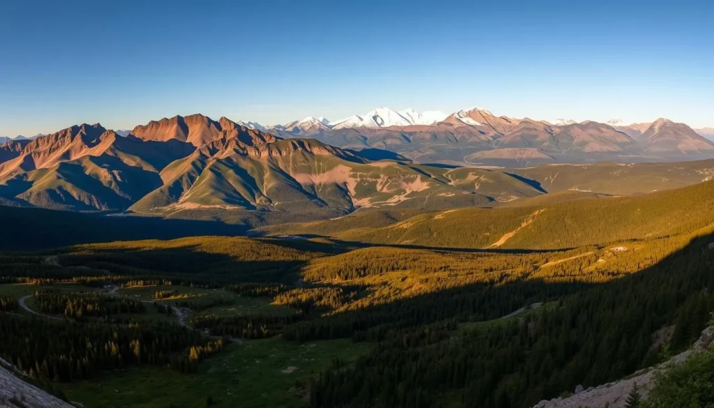 Copper Mountain Terrain: A Majestic Landscape A breathtaking panorama of Copper Mountain's rugged terrain, bathed in the warm glow of a sunny day. In the foreground, a network of winding trails meanders through a tapestry of lush, verdant vegetation. The middle ground showcases the mountain's striking geological formations, with towering peaks and craggy outcroppings casting dramatic shadows across the landscape. In the distance, a magnificent mountain range rises majestically, its snow-capped summits piercing the azure sky. The scene is infused with a sense of serene, natural beauty, inviting the viewer to explore and immerse themselves in the captivating topography of Copper Mountain.